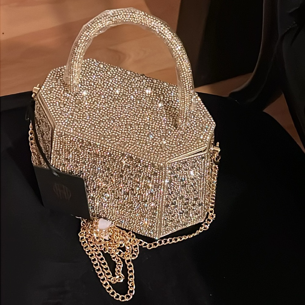 House Of Harlow 1960 Top Handle Crossbody Clutch Golden Rhinestone